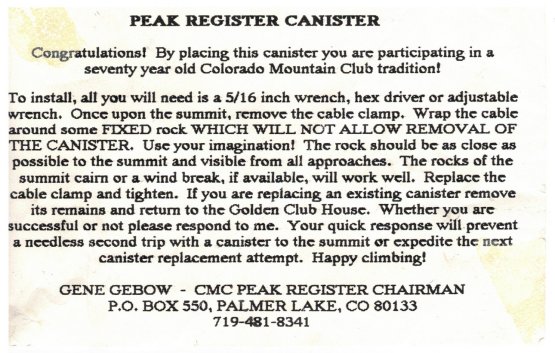 CMCer Gene Gebow's Peak Register Canister Instructions - Circa 1995