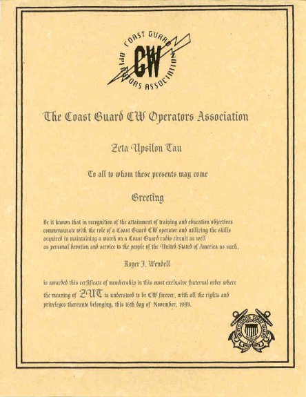 My Coast Guard ZUT Membership Certificate - 11-16-1999