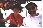Roger J. Wendell, with Guide Li Chiang, enroute Turpan in the back of a pickup truck - June 2001